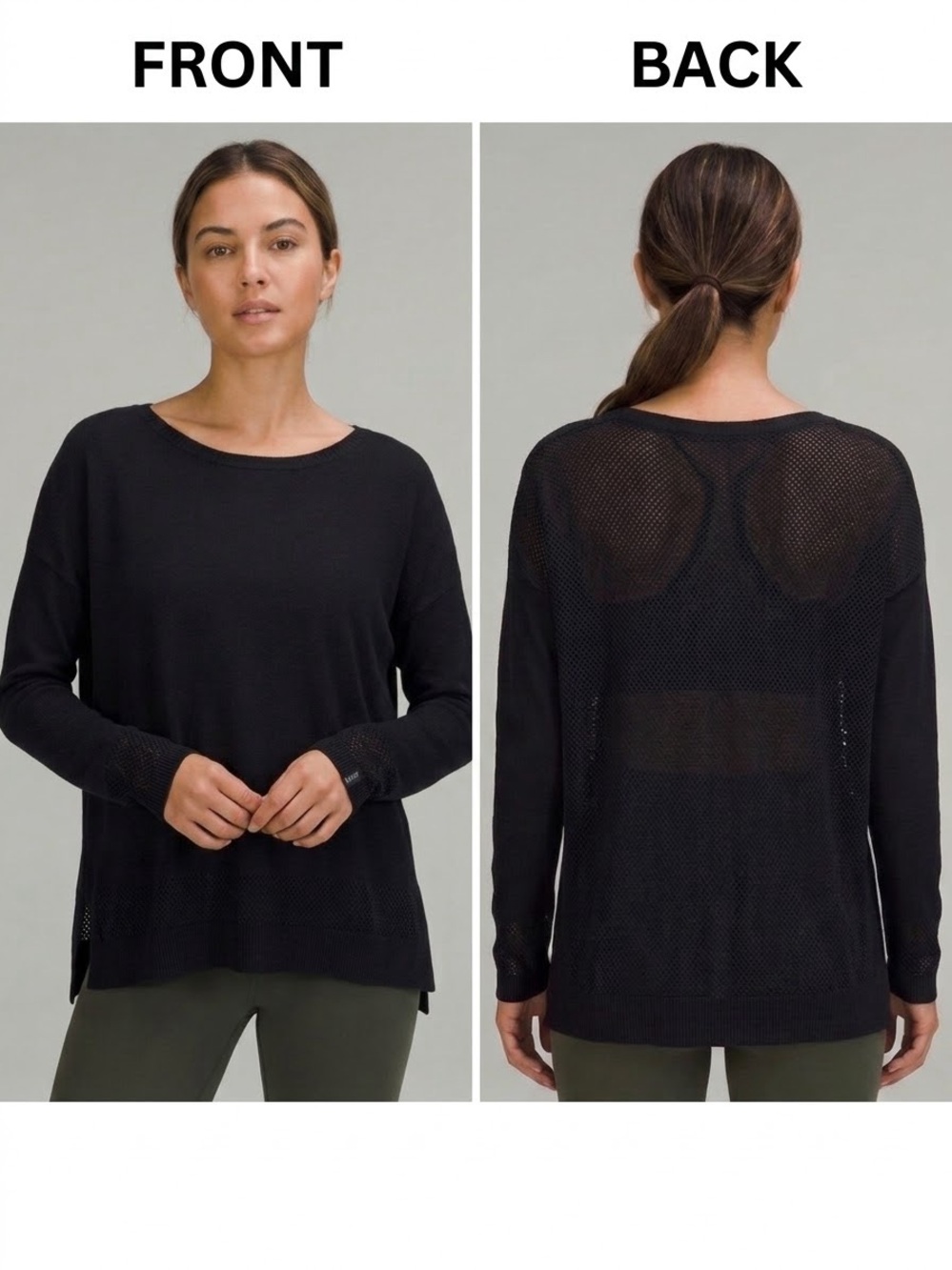 Lululemon Black Open Mesh Back Knit Sweater Long Sleeve Pullover Top lagenlook